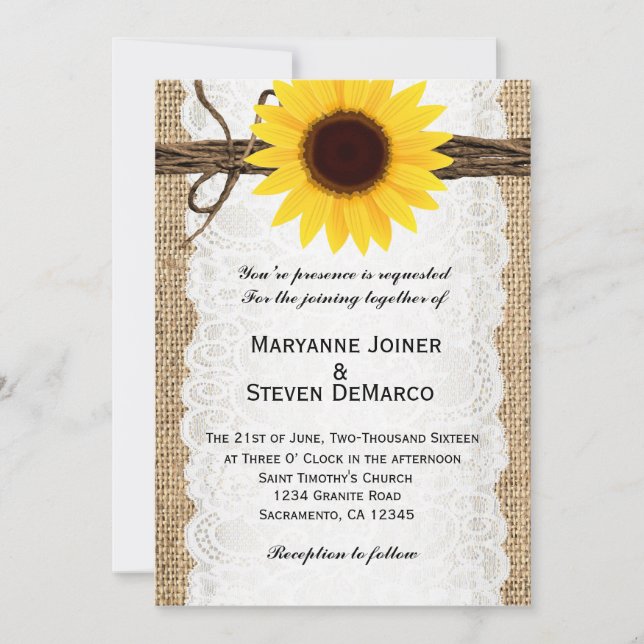 Invitación de boda de girasol de arpillera rústica (Anverso)