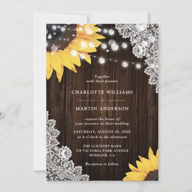 Invitación de boda de girasol de encaje de madera  (Anverso)