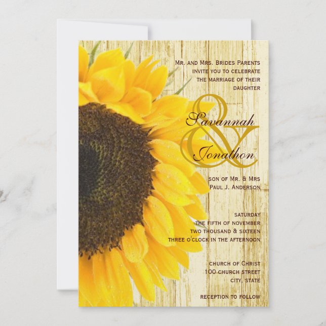 Invitación de boda de girasol de madera de granero (Anverso)