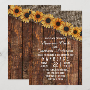 Invitación de boda de girasol de madera rústica y 