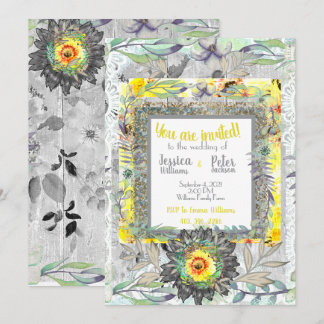Invitación de boda de girasol gris amarillo rústic