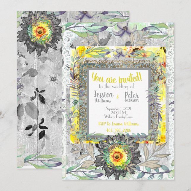 Invitación de boda de girasol gris amarillo rústic (Anverso / Reverso)