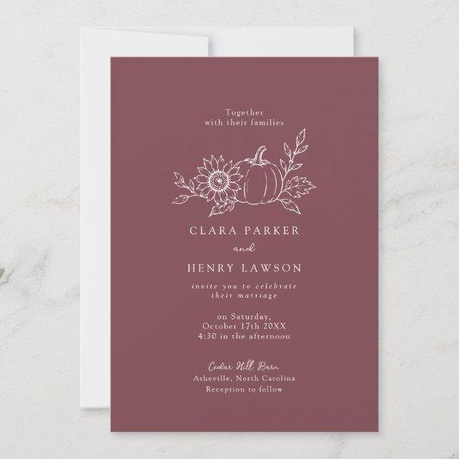 Invitación de boda de girasol y calabaza de Borgoñ (Anverso)