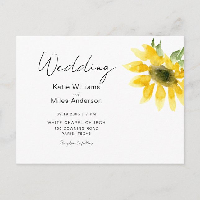 Invitación de Boda de Girasoles con Acuarela Simpl (Anverso)