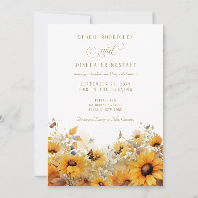 Invitación de boda de girasoles con mariposas  (Anverso)