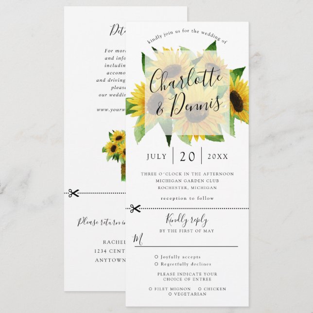 Invitación de boda de girasoles con respuesta adju (Anverso / Reverso)