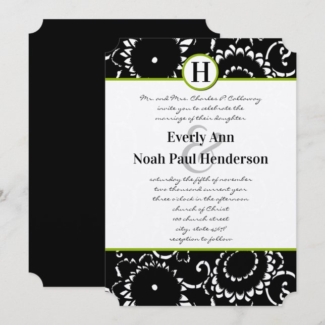 Invitación de boda de girasoles Damask Verde Manza (Anverso / Reverso)