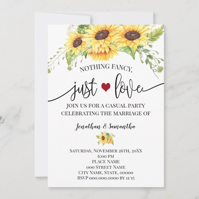 Invitación de boda de girasoles sin lujos solo amo (Anverso)