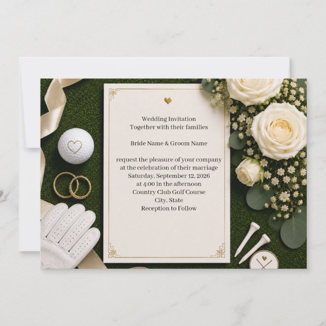 Invitación de boda de golf con rosas blancas  (Anverso)