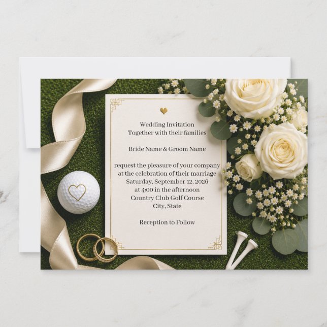 Invitación de boda de golf con rosas blancas  (Anverso)