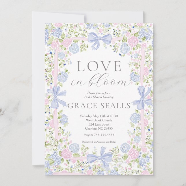 Invitación de boda de Grandmillennial rosa y azul (Anverso)