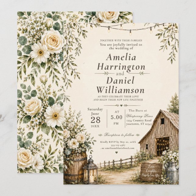 Invitación de boda de granero rústico (Anverso / Reverso)