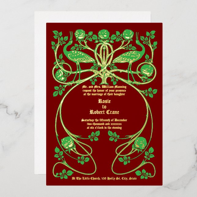 Invitación de boda de grullas Art Nouveau en rosal (Anverso/Reverso)