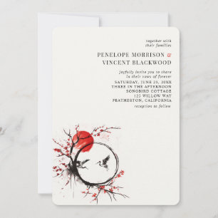Invitación de boda de grullas y flores de cerezo d