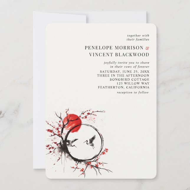 Invitación de boda de grullas y flores de cerezo d (Anverso)