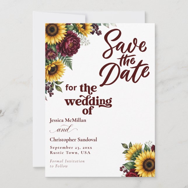 Invitación de Boda de Guardar la Fecha del Girasol (Anverso)