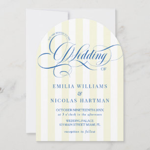 Invitación de boda de guión azul con rayas amarill
