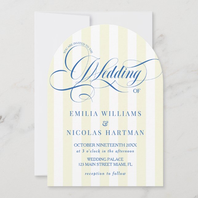 Invitación de boda de guión azul con rayas amarill (Anverso)