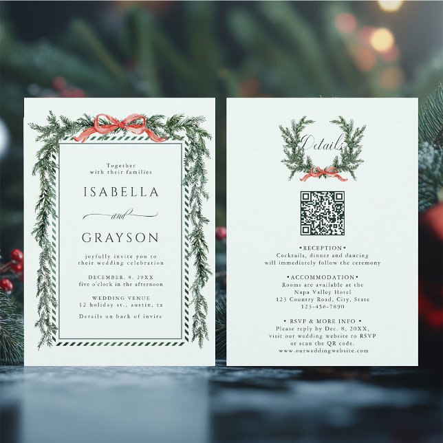 Invitación de boda de guirnalda de pino Mint Green (Front & Back)