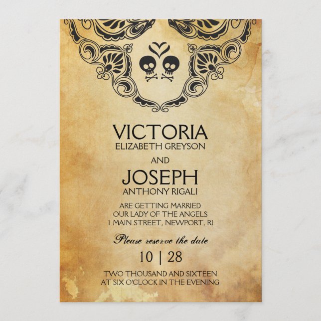 Invitación de Boda de Halloween - Calavera y Hueso (Anverso)