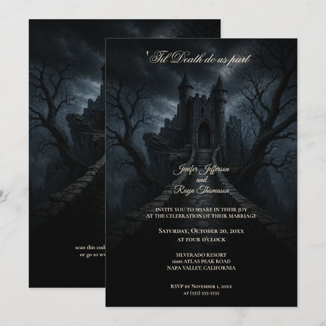 invitación de boda de Halloween castillo embrujado (Anverso / Reverso)