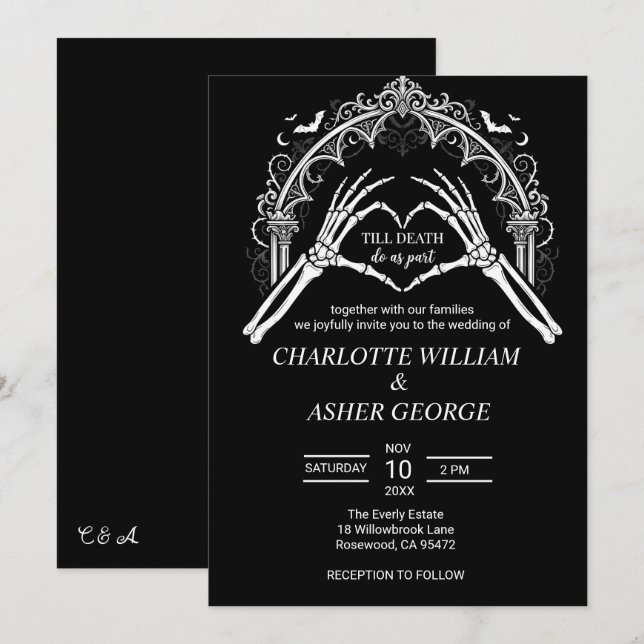 Invitación de boda de Halloween con arco de esquel (Anverso / Reverso)