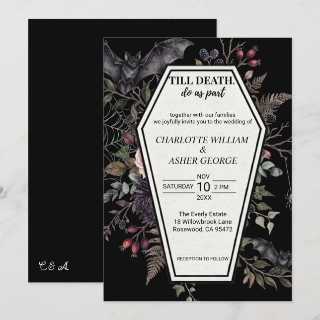 Invitación de boda de Halloween con murciélago y a (Anverso / Reverso)