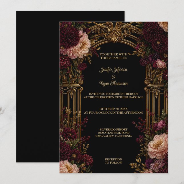 Invitación de boda de Halloween floral gótica oscu (Anverso / Reverso)