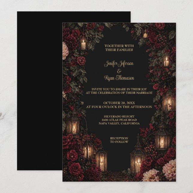 Invitación de boda de Halloween floral gótica oscu (Anverso / Reverso)