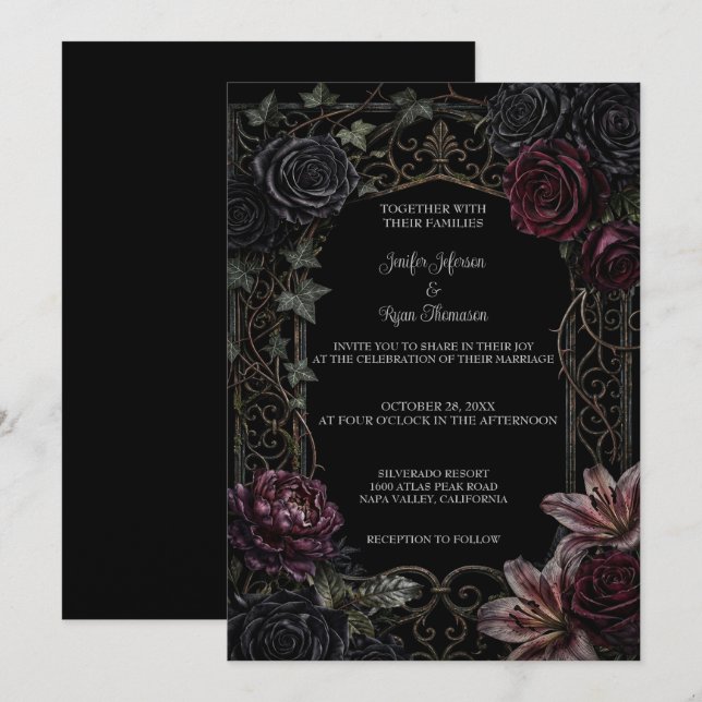 Invitación de boda de Halloween floral gótica oscu (Anverso / Reverso)