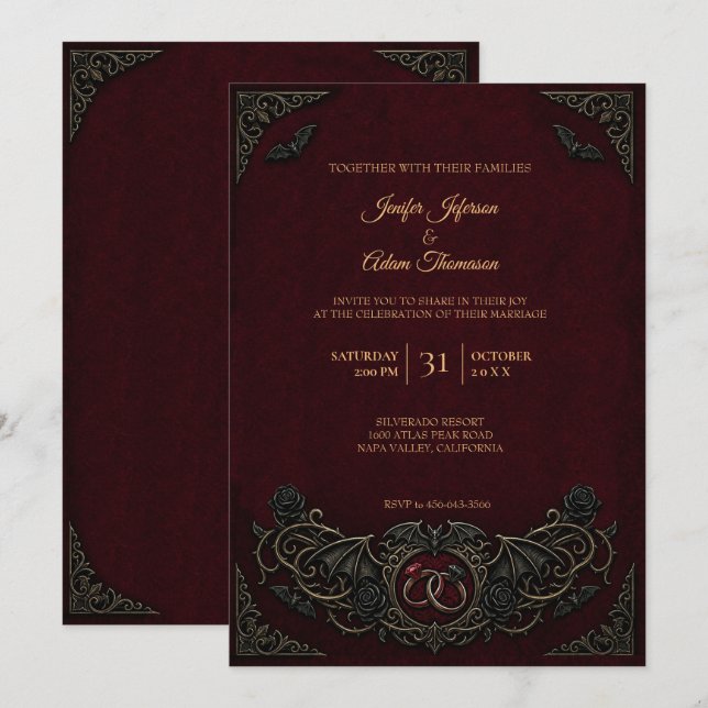 Invitación de boda de Halloween gótica vampírica (Anverso / Reverso)