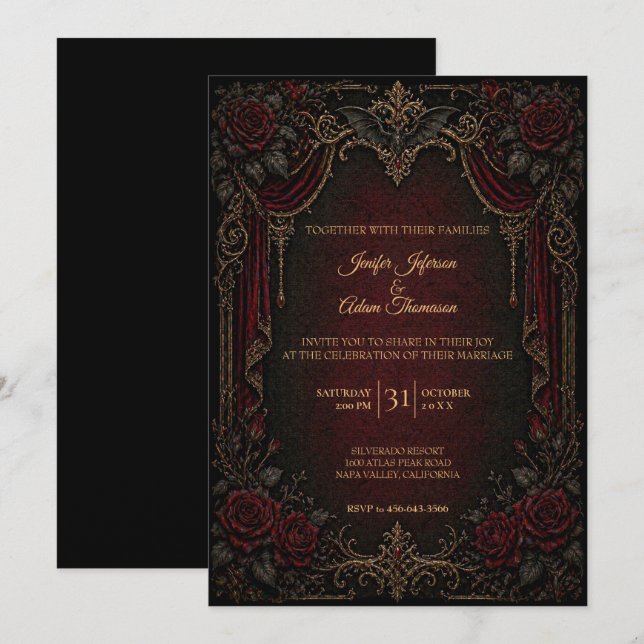 Invitación de boda de Halloween gótica vampírica (Anverso / Reverso)