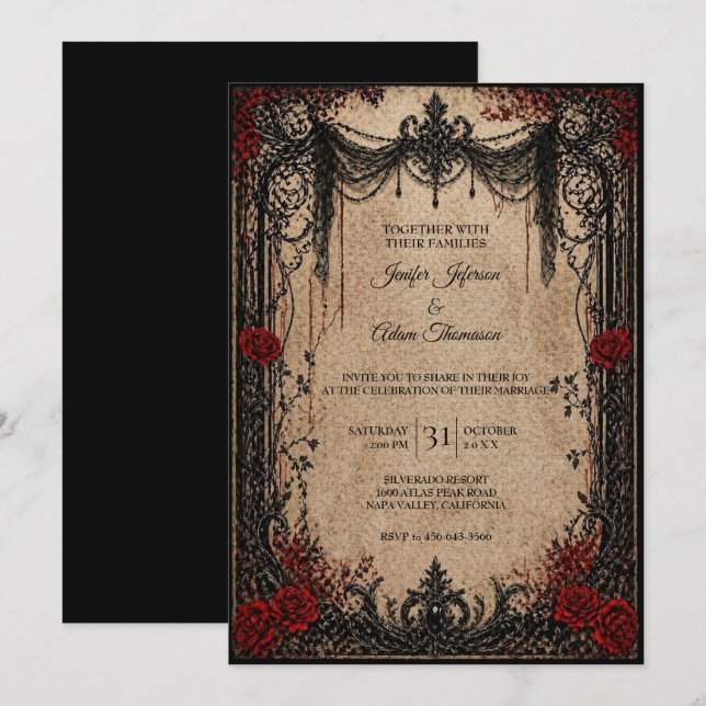 Invitación de boda de Halloween gótica vintage (Anverso / Reverso)