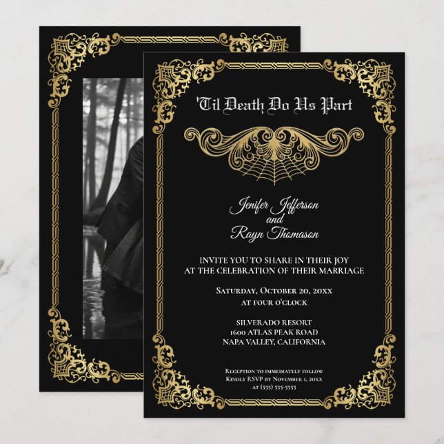 Invitación de boda de Halloween gótico dorado eleg (Anverso / Reverso)
