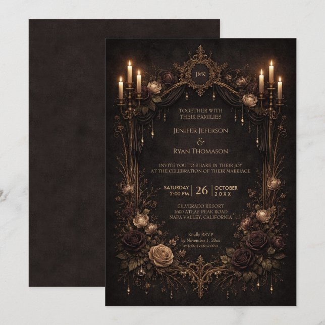Invitación de boda de Halloween gótico floral eleg (Anverso / Reverso)
