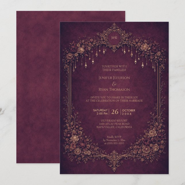 Invitación de boda de Halloween gótico floral eleg (Anverso / Reverso)