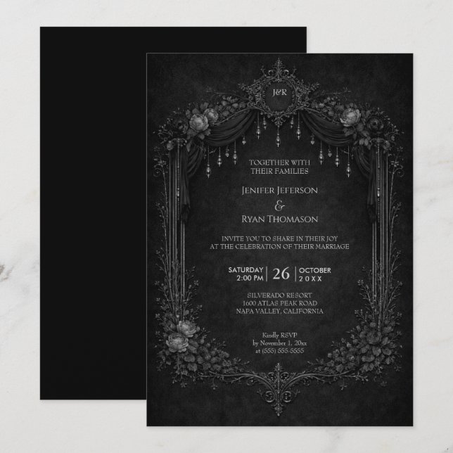 Invitación de boda de Halloween gótico floral eleg (Anverso / Reverso)