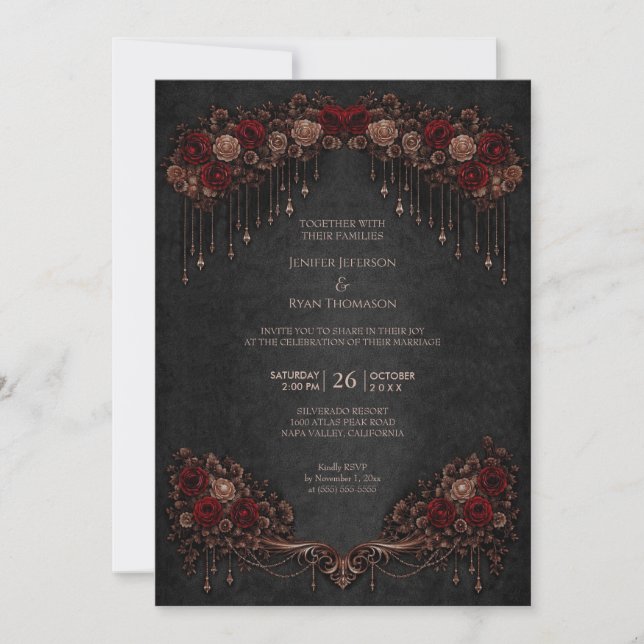 Invitación de boda de Halloween gótico floral eleg (Anverso)