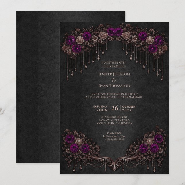 Invitación de boda de Halloween gótico floral eleg (Anverso / Reverso)