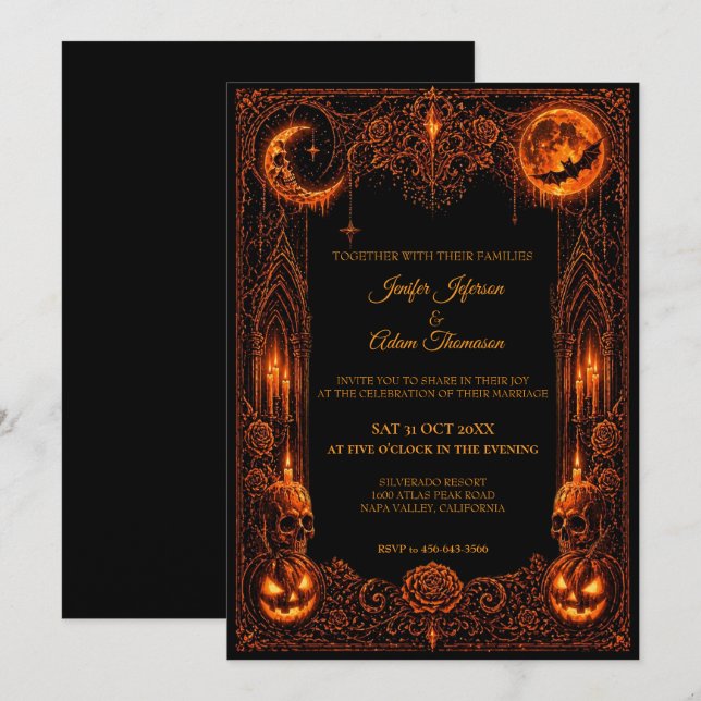 Invitación de boda de Halloween gótico neon oscuro (Anverso / Reverso)
