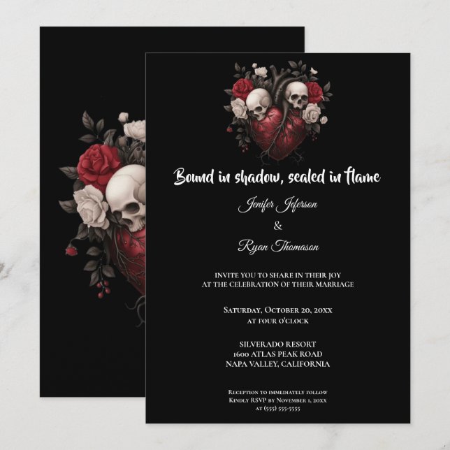Invitación de boda de Halloween gótico oscuro (Anverso / Reverso)