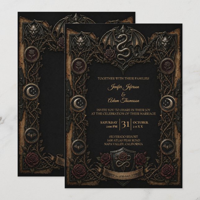 Invitación de boda de Halloween gótico oscuro (Anverso / Reverso)