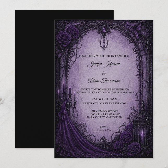 Invitación de boda de Halloween gótico púrpura (Anverso / Reverso)