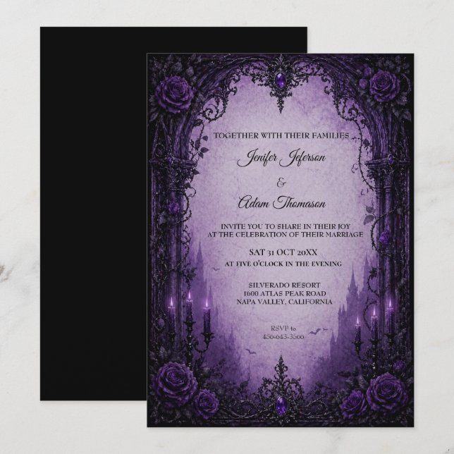 Invitación de boda de Halloween gótico púrpura (Anverso / Reverso)