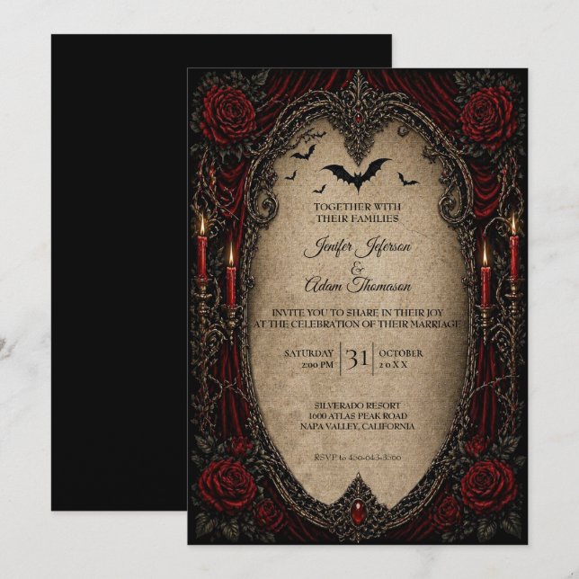Invitación de boda de Halloween gótico vampiro (Anverso / Reverso)