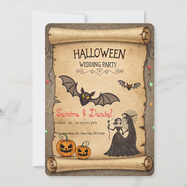 Invitación de boda de Halloween vintage en pergami (Anverso)