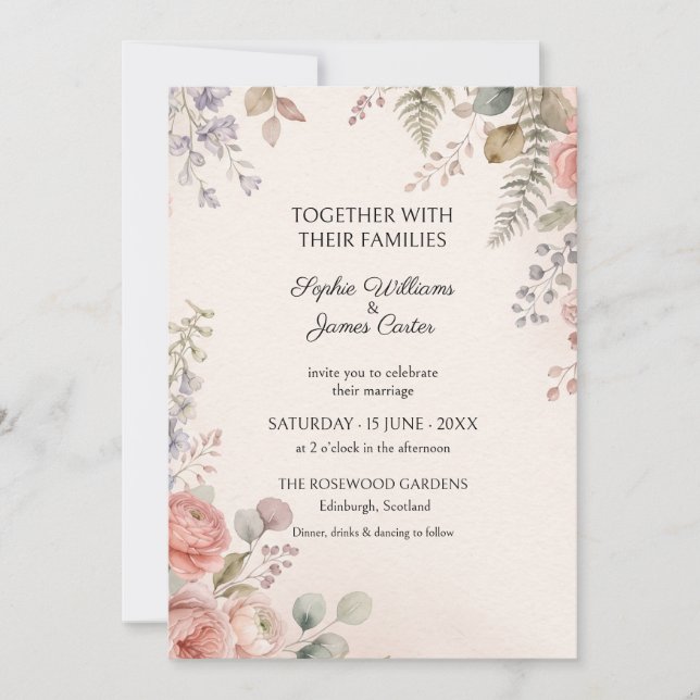 Invitación de boda de helecho lavanda melocotón (Anverso)