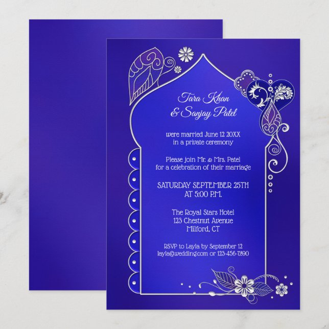 Invitación de boda de Henna azul añil plateada des (Anverso / Reverso)