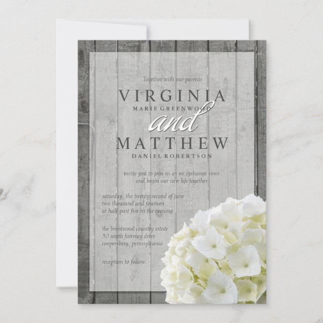 INVITACIÓN DE BODA DE HIDRANGEAS BLANCAS RÚSTICAS (Anverso)