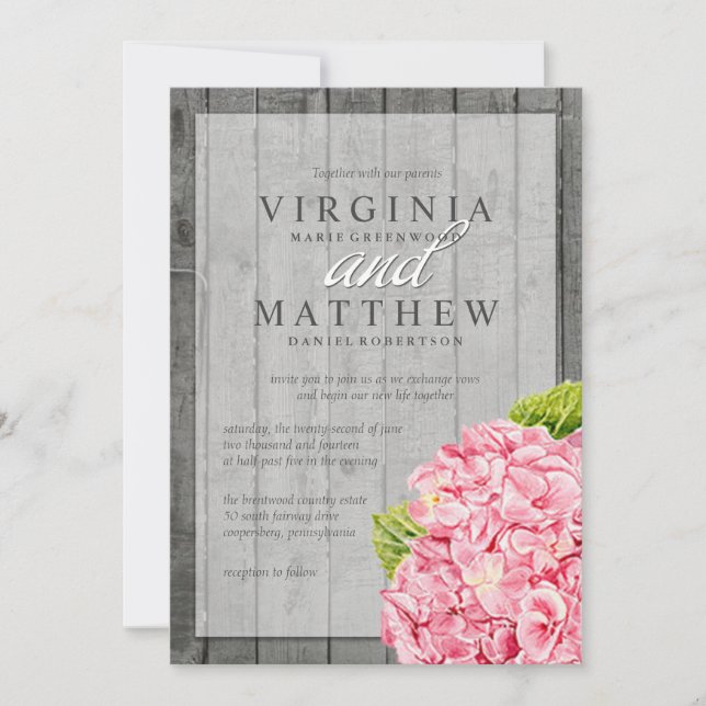 INVITACIÓN DE BODA DE HIDRANGEAS DE PINO RÚSTICO (Anverso)